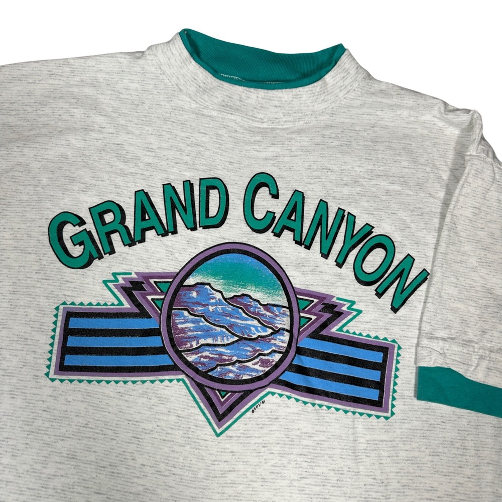Vintage 1991 Grand Canyon Ringer T-Shirt Grey Teal Large 100% Cotton USA Alore